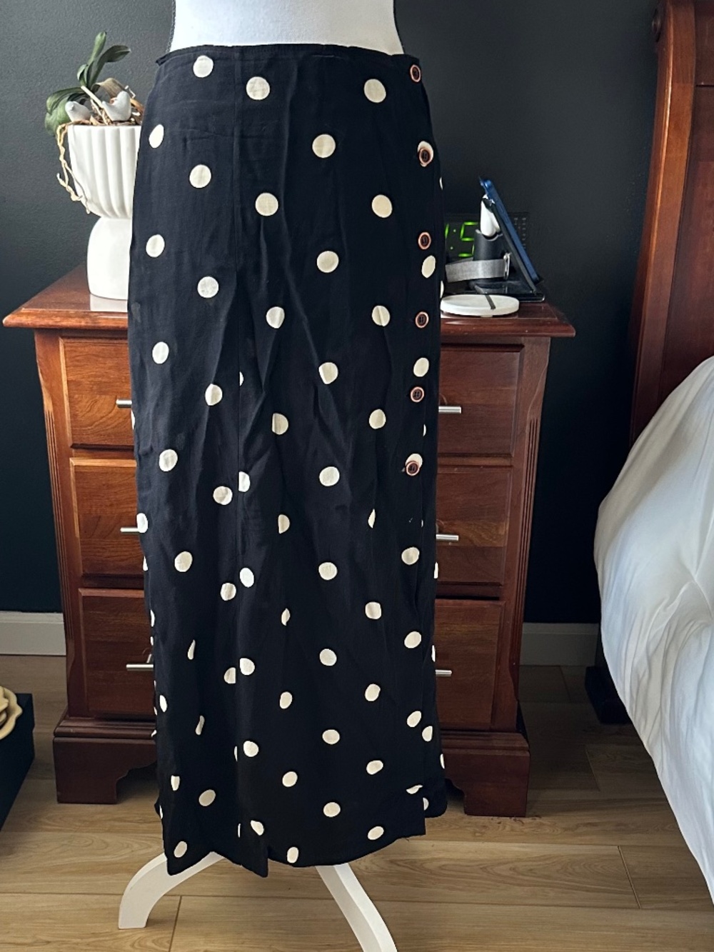 Free People Black and White Polka Dot Midi Skirt with Side Buttons - Sz 6